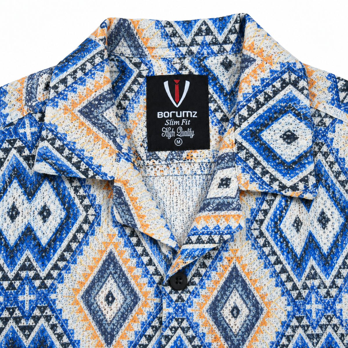 Borumz Crochet-Inspired Geometric Print Cuban Collar Shirt
