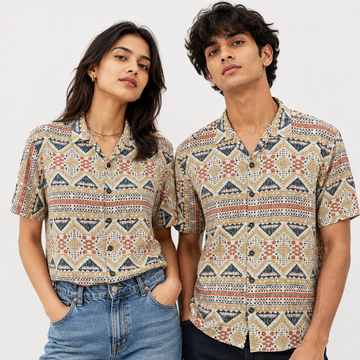 Crochet-Inspired Geometric Print Cuban Collar Shirt