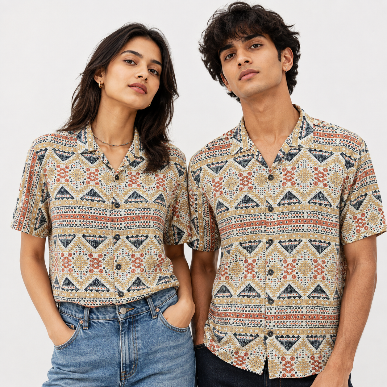 Crochet-Inspired Geometric Print Cuban Collar Shirt