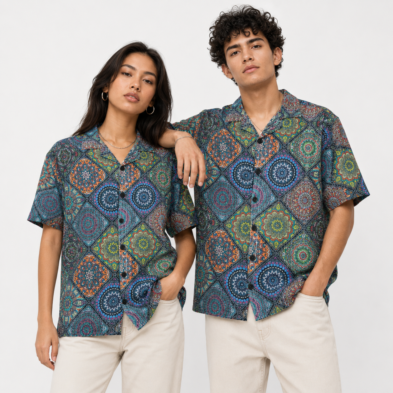 Crochet-Inspired Geometric Print Cuban Collar Shirt