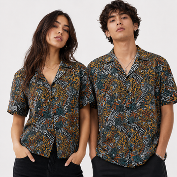 Crochet-Inspired Geometric Print Cuban Collar Shirt