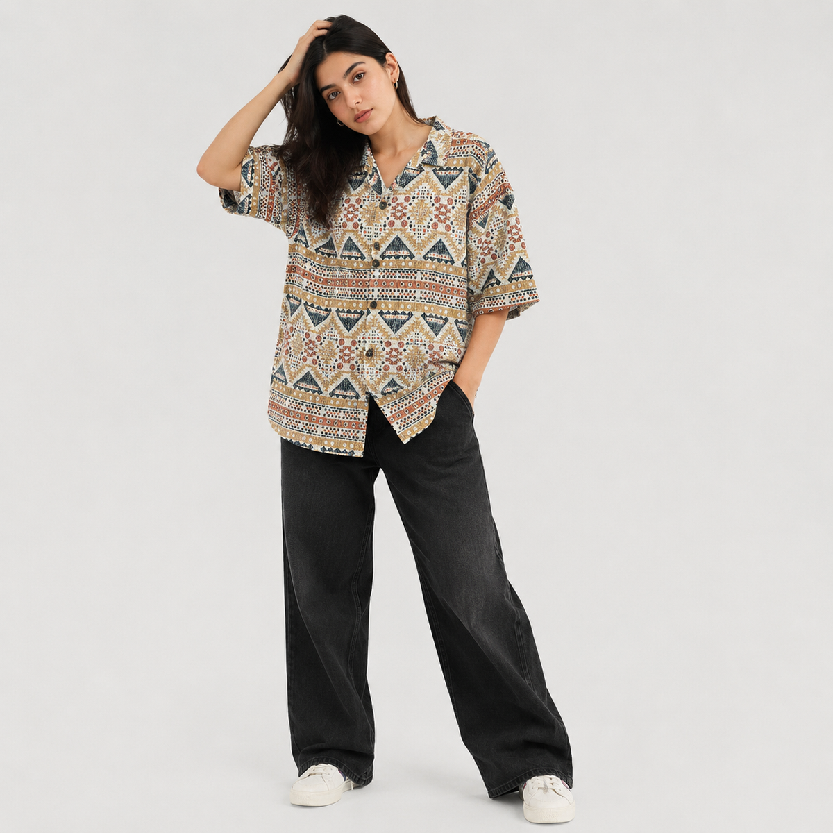 Crochet-Inspired Geometric Print Cuban Collar Shirt