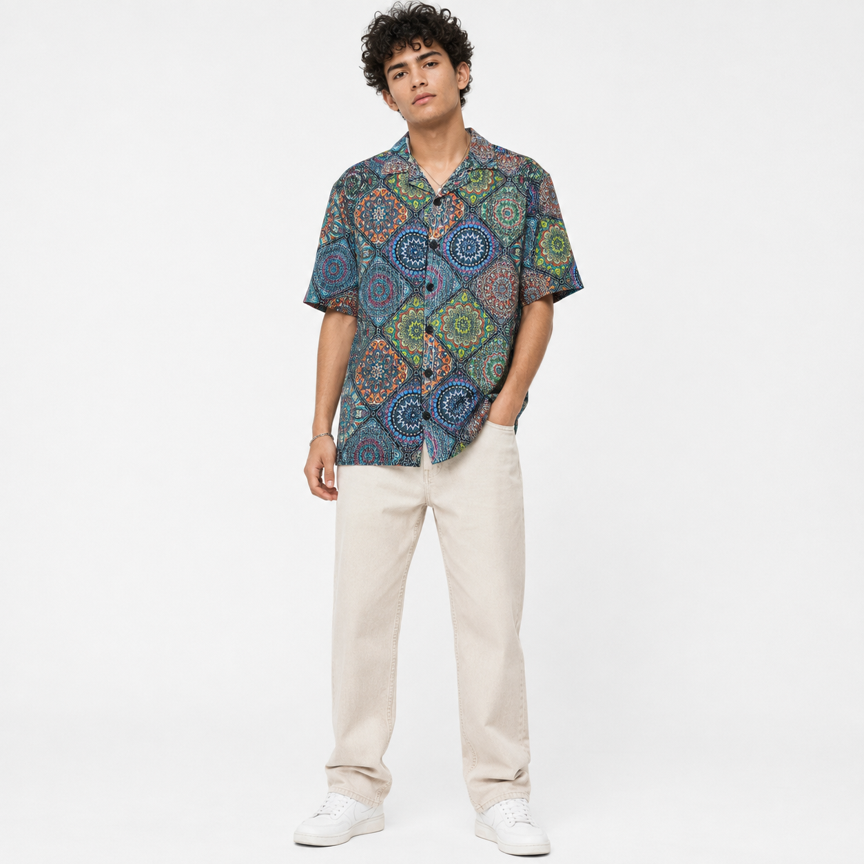 Crochet-Inspired Geometric Print Cuban Collar Shirt