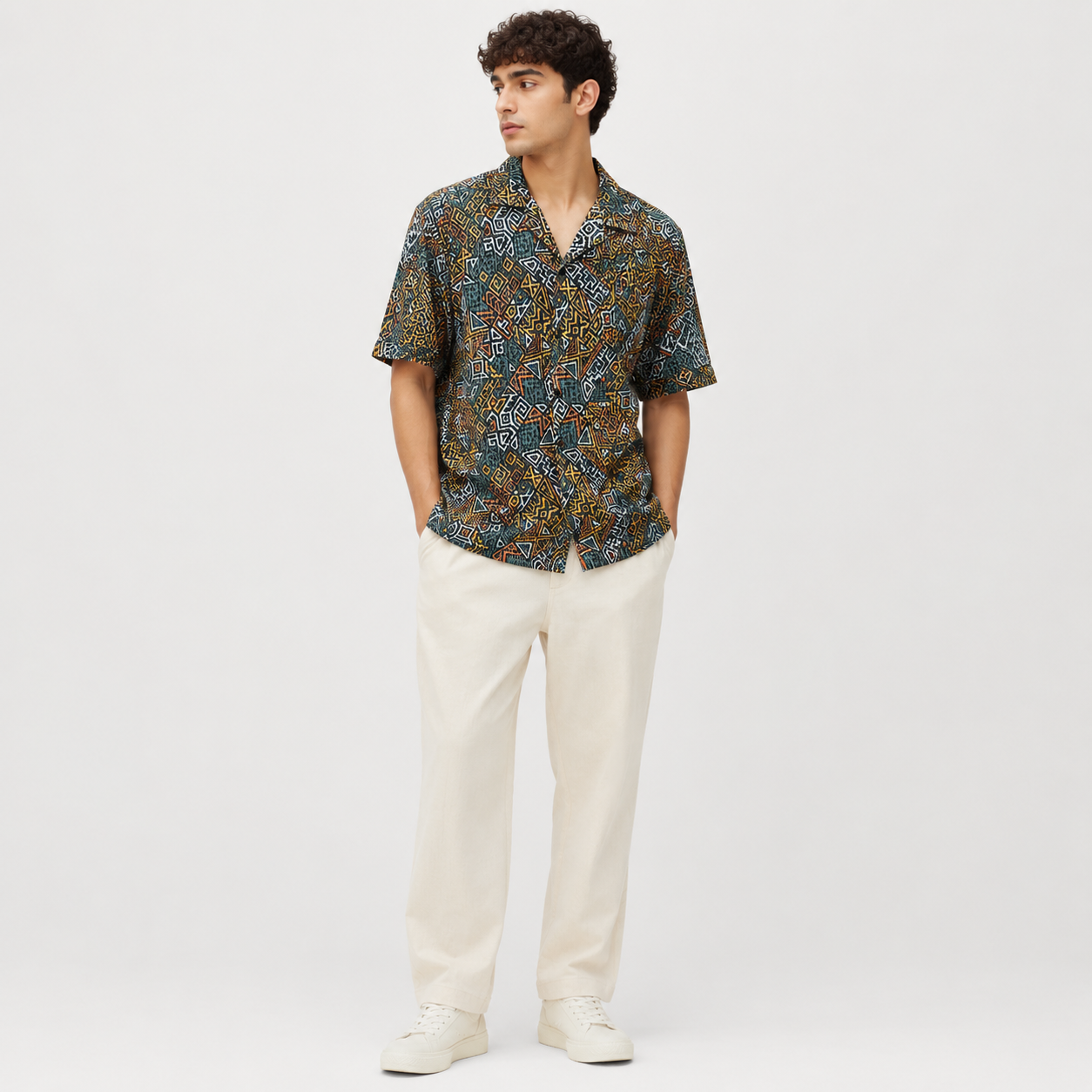 Crochet-Inspired Geometric Print Cuban Collar Shirt