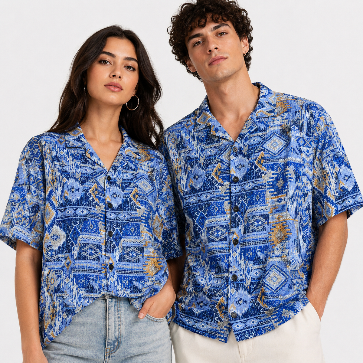 Crochet-Inspired Geometric Print Cuban Collar Shirt