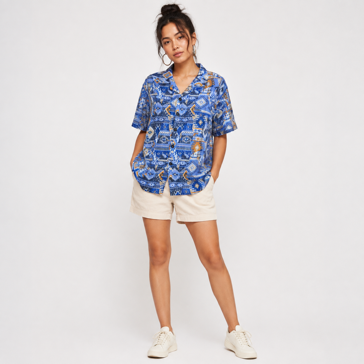 Crochet-Inspired Geometric Print Cuban Collar Shirt