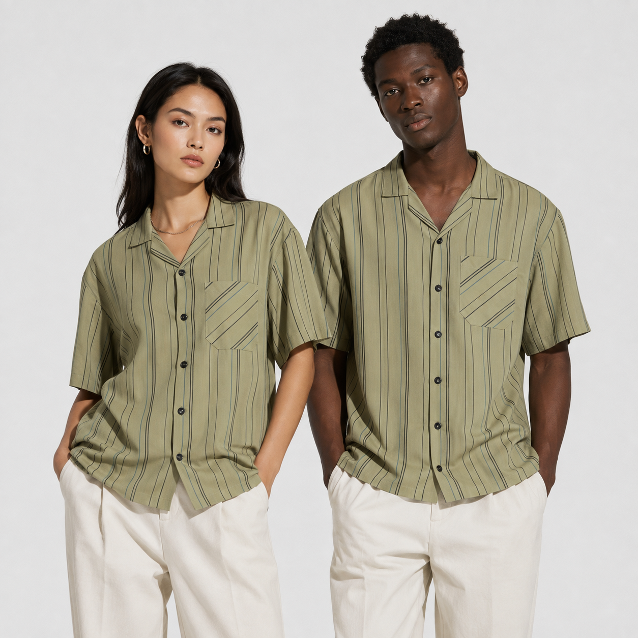 Khaki Striped Resort Collar Shirt