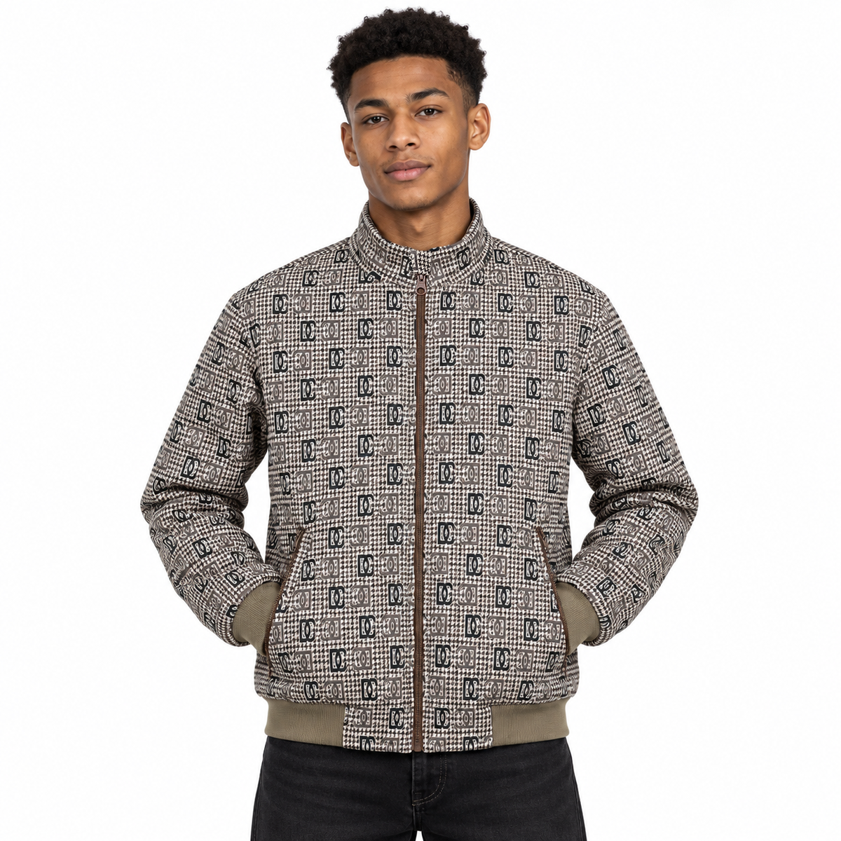 Brown & Black GG Monogram Houndstooth Jacquard Knit Jacket
