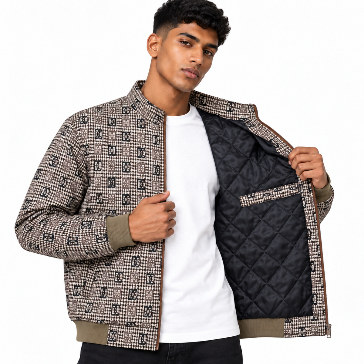 Brown & Black GG Monogram Houndstooth Jacquard Knit Jacket