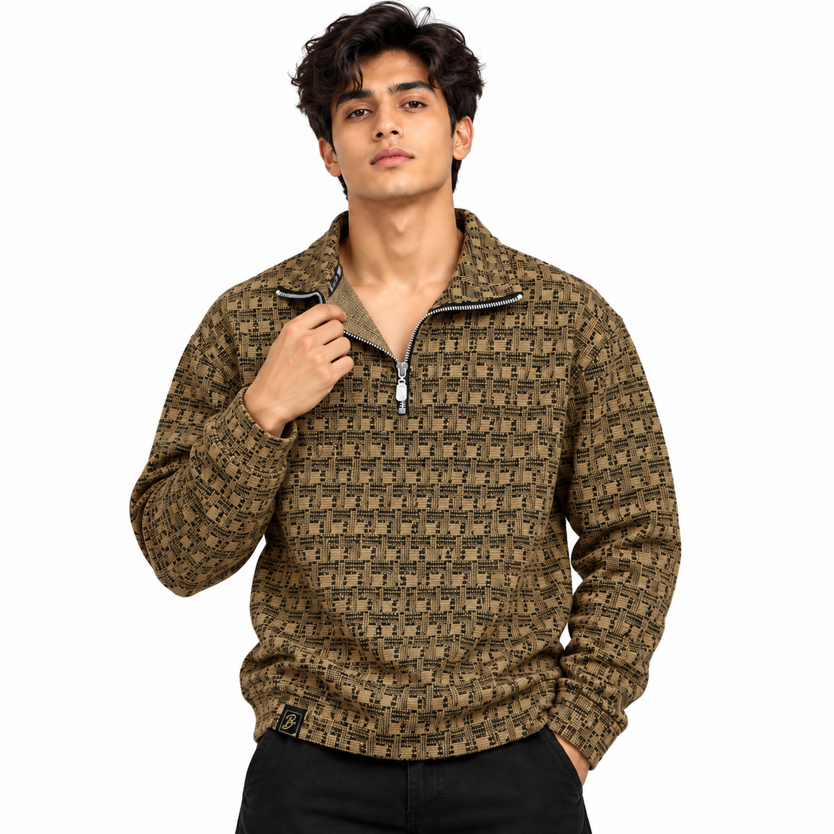 Brown & Black Geometric Half-Zip Polo Sweatshirt – Unisex (Copy)