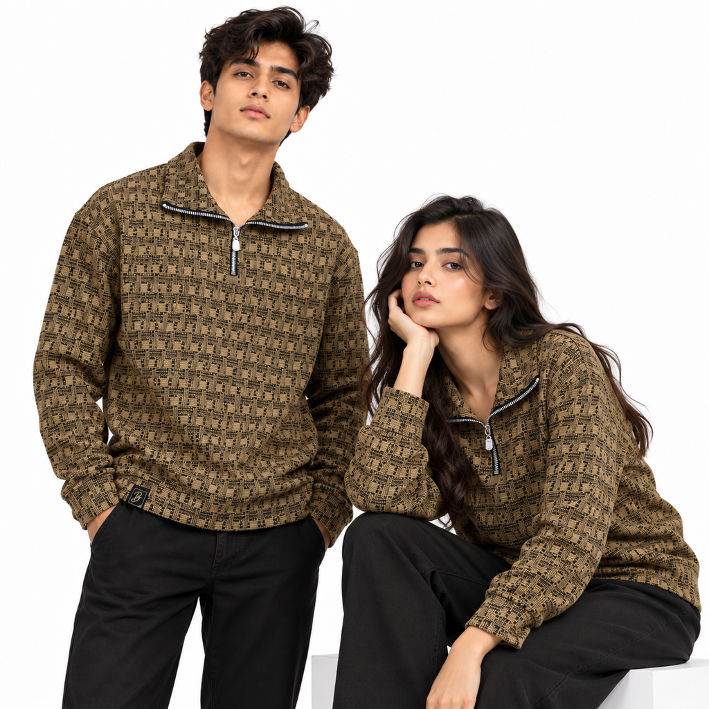 Brown & Black Geometric Half-Zip Polo Sweatshirt – Unisex (Copy)