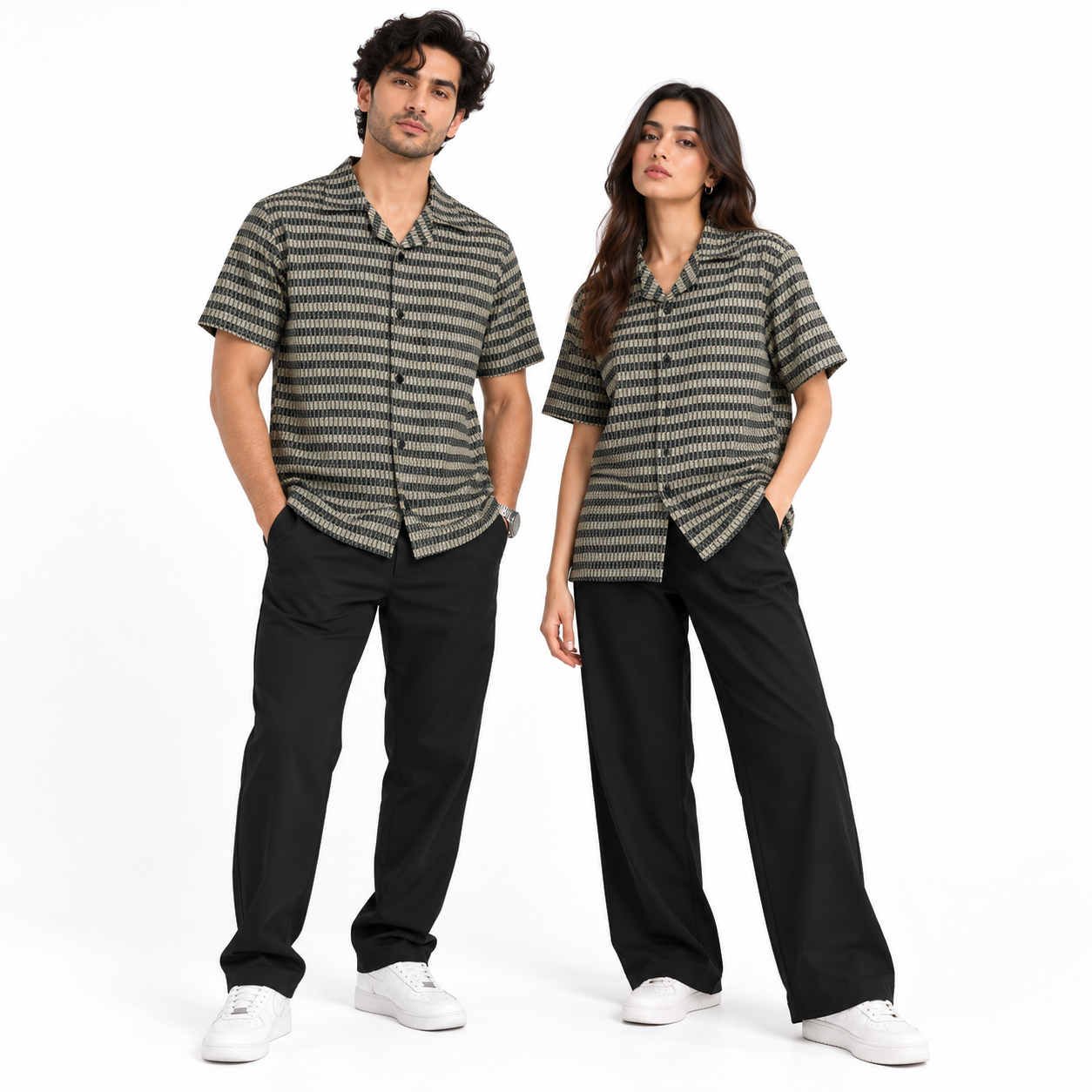 Brown & Black Textured Knit Camp Collar Shirt | Boxy fit