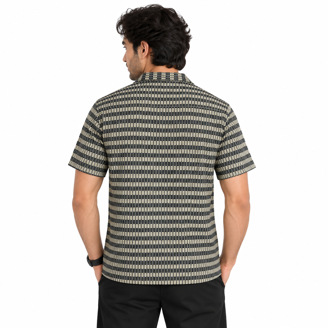 Brown & Black Textured Knit Camp Collar Shirt | Boxy fit
