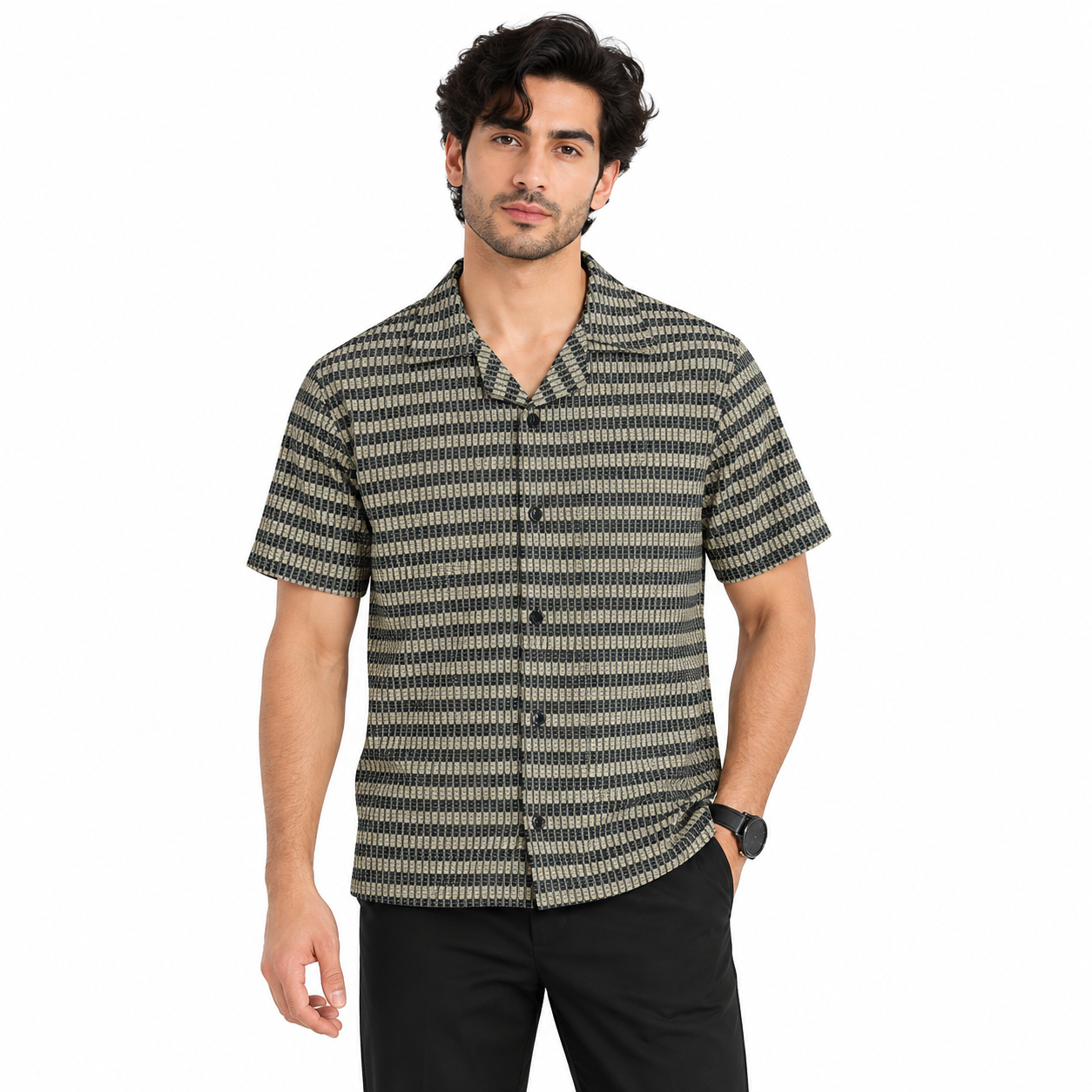 Brown & Black Textured Knit Camp Collar Shirt | Boxy fit