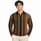 Brown & Black Vertical Striped Polo Shirt – Unisex Long Sleeve