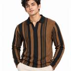 Brown & Black Vertical Striped Polo Shirt – Unisex Long Sleeve