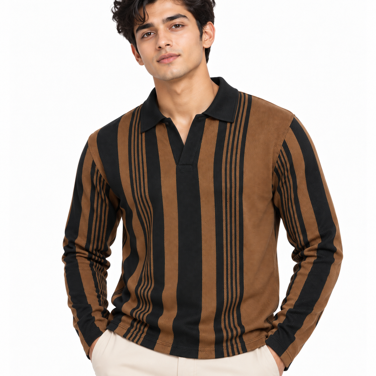 Brown & Black Vertical Striped Polo Shirt – Unisex Long Sleeve