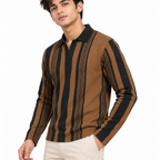 Brown & Black Vertical Striped Polo Shirt – Unisex Long Sleeve