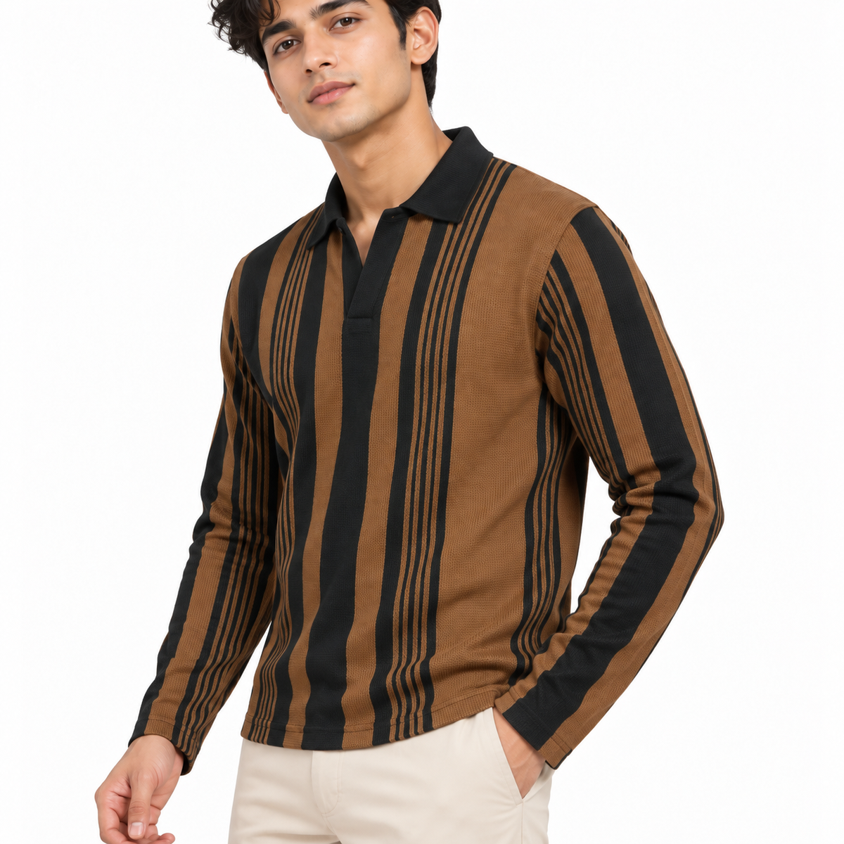 Brown & Black Vertical Striped Polo Shirt – Unisex Long Sleeve