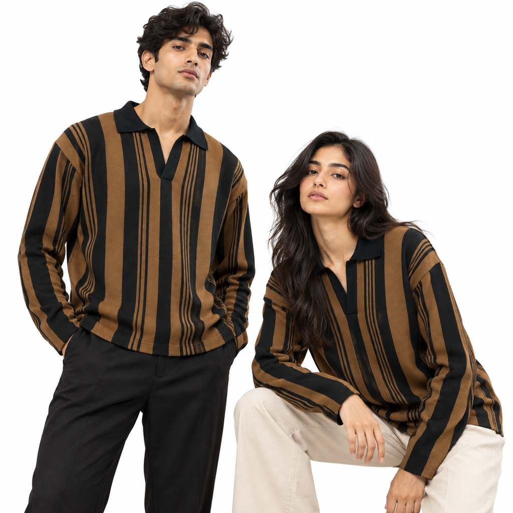 Brown & Black Vertical Striped Polo Shirt – Unisex Long Sleeve
