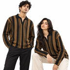 Brown & Black Vertical Striped Polo Shirt – Unisex Long Sleeve