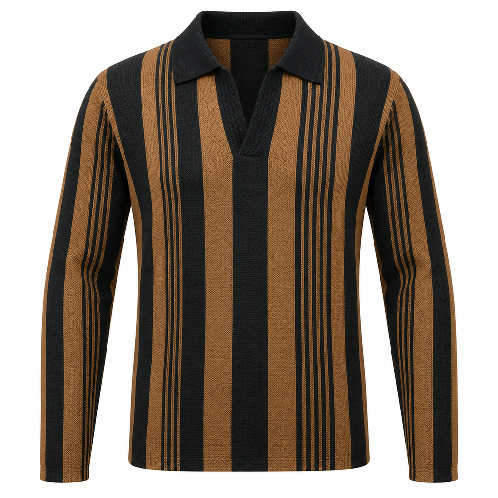 Brown & Black Vertical Striped Polo Shirt – Unisex Long Sleeve