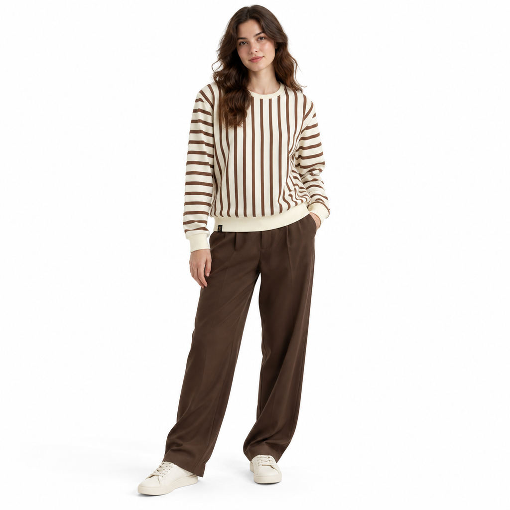 Brown & Cream Stripe Full-Sleeve Tee | Relaxed Fit