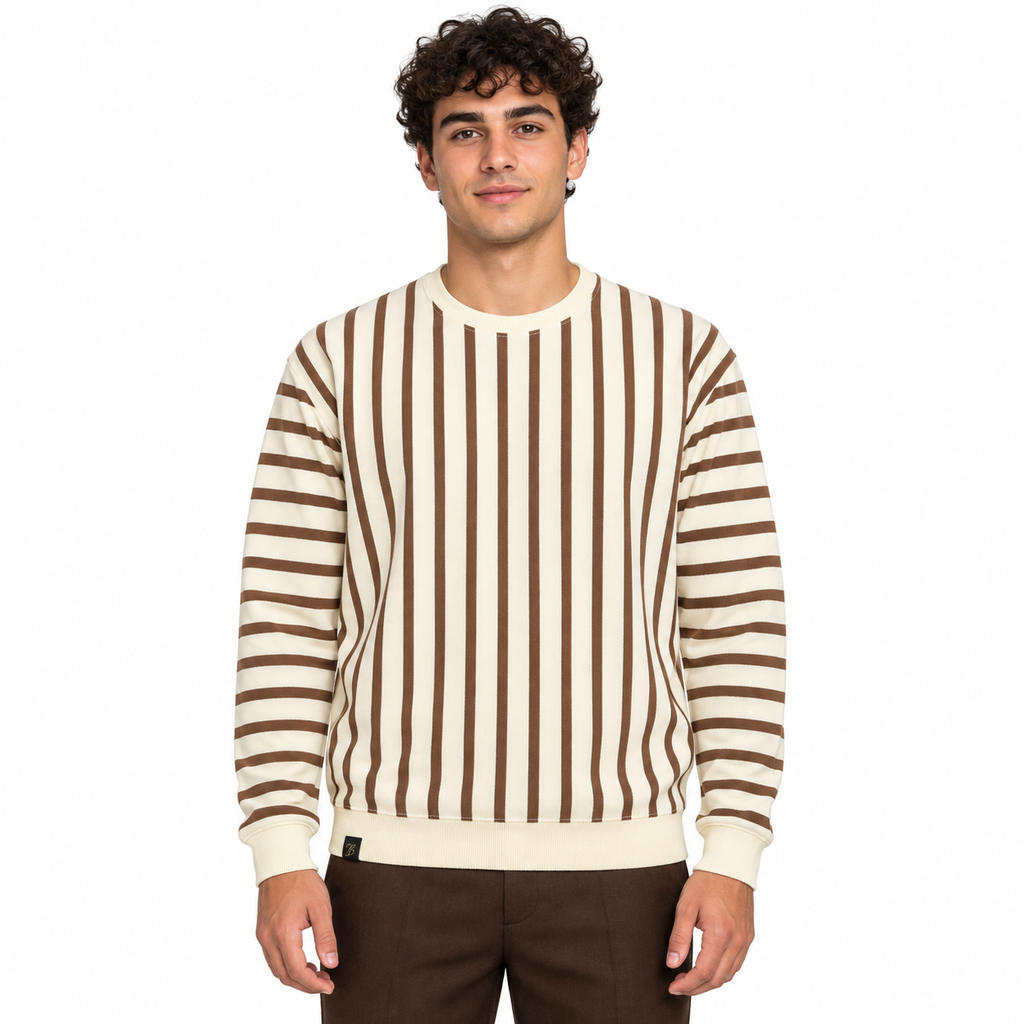 Brown & Cream Stripe Full-Sleeve Tee | Relaxed Fit