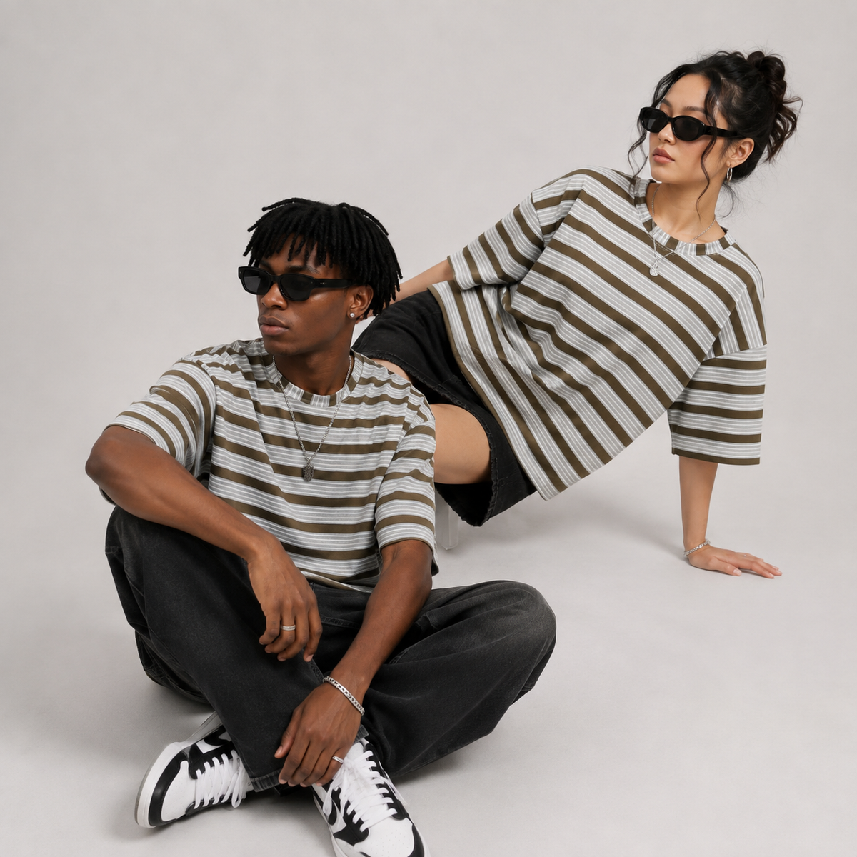 Brown & Grey Striped Oversized T-Shirt