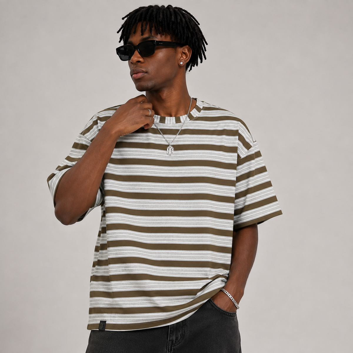 Brown & Grey Striped Oversized T-Shirt
