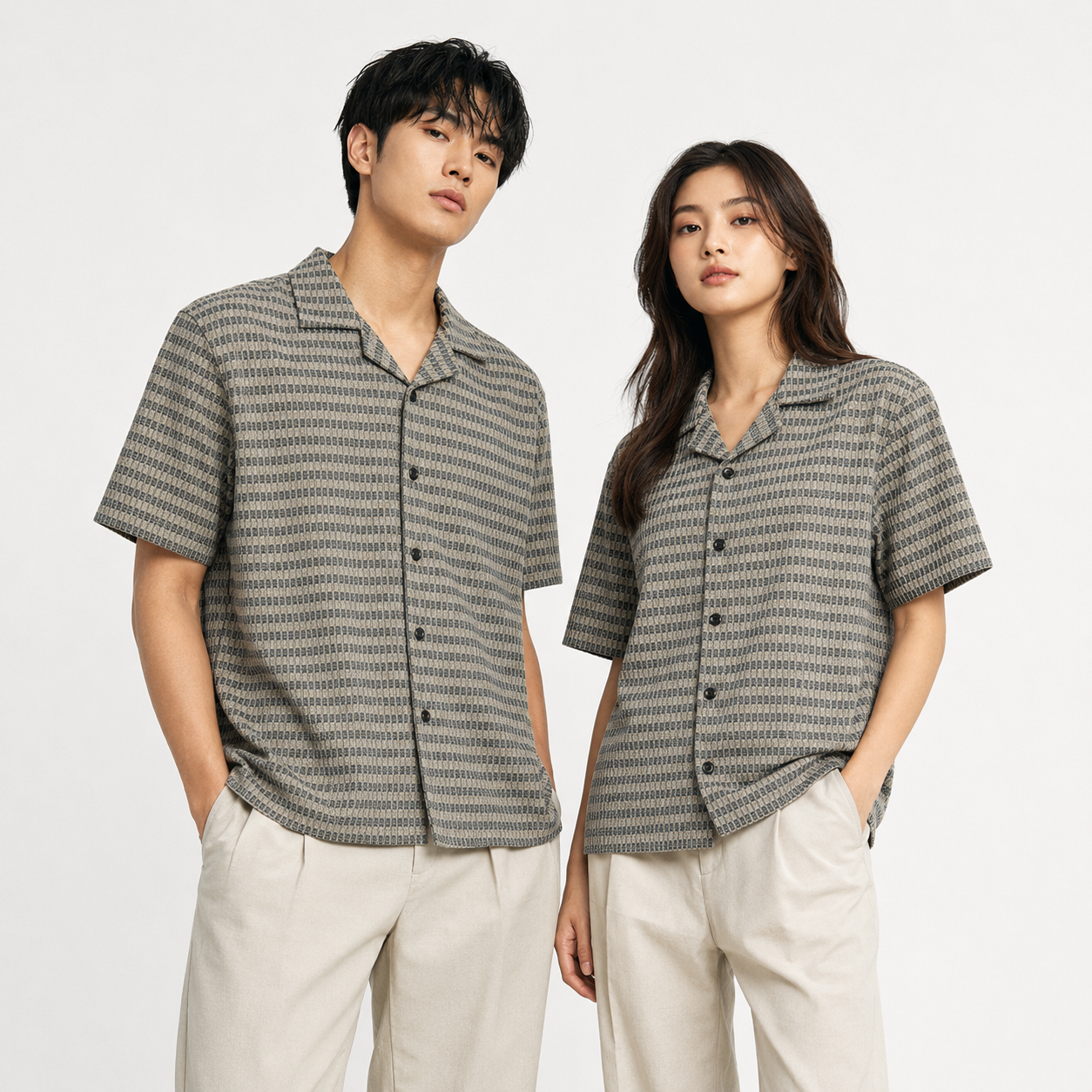 Brown & Grey Textured Knit Camp Collar Shirt | Boxy fit