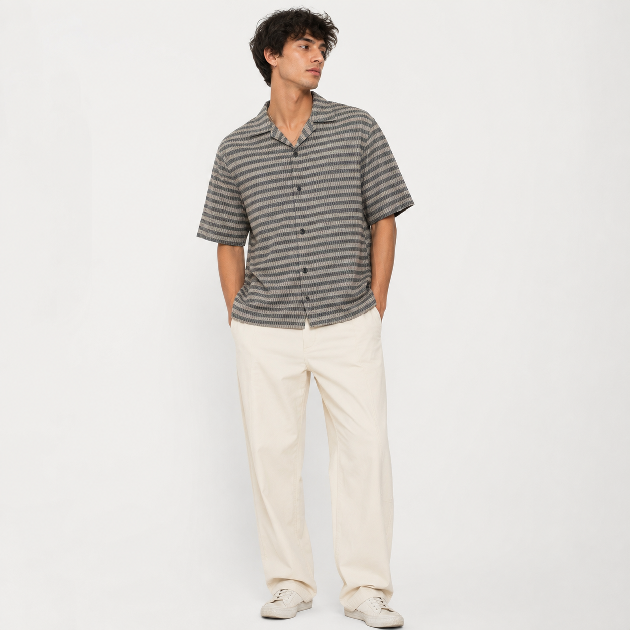 Brown & Grey Textured Knit Camp Collar Shirt | Boxy fit