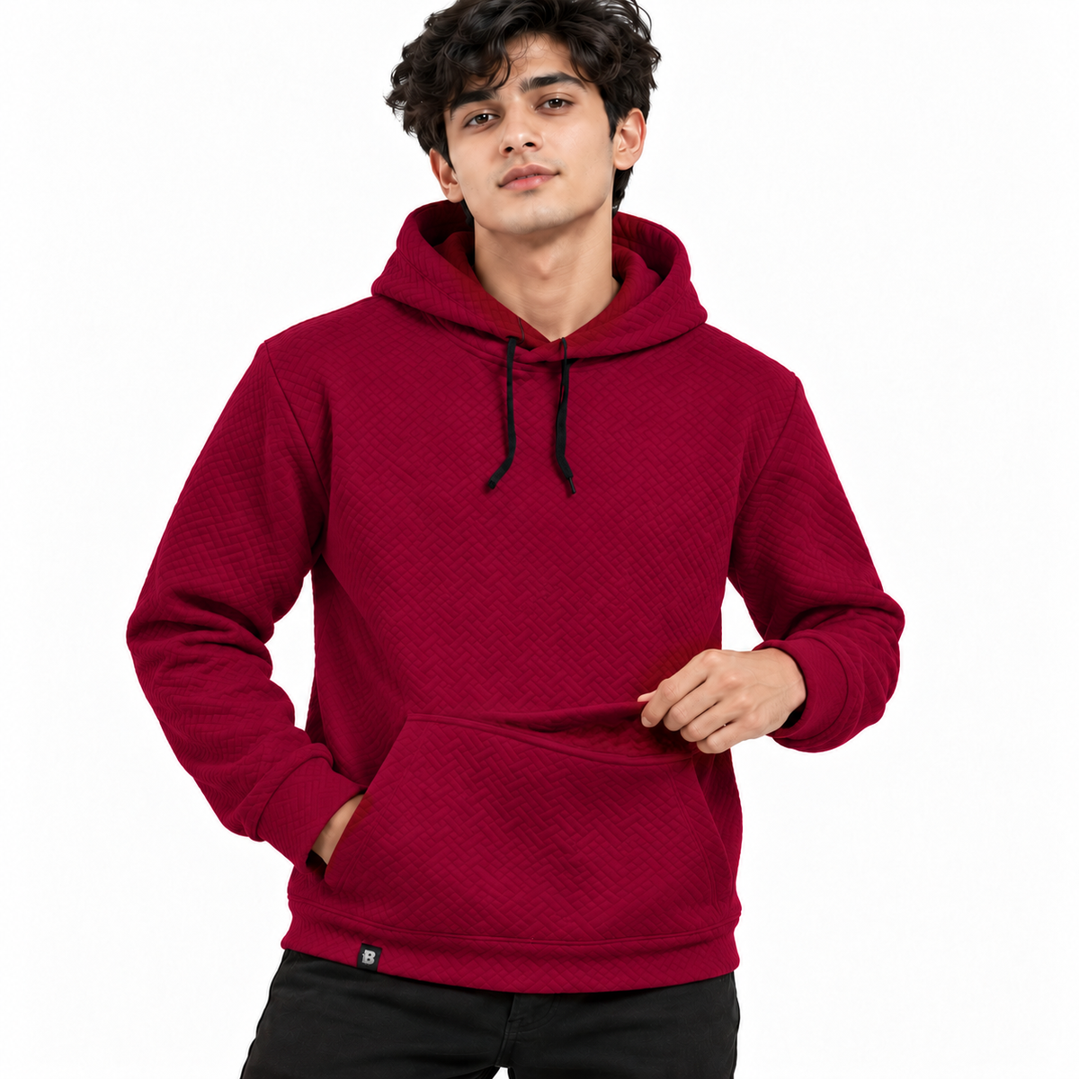Burgundy Red Basket-Weave Textured Pullover Hoodie – Unisex