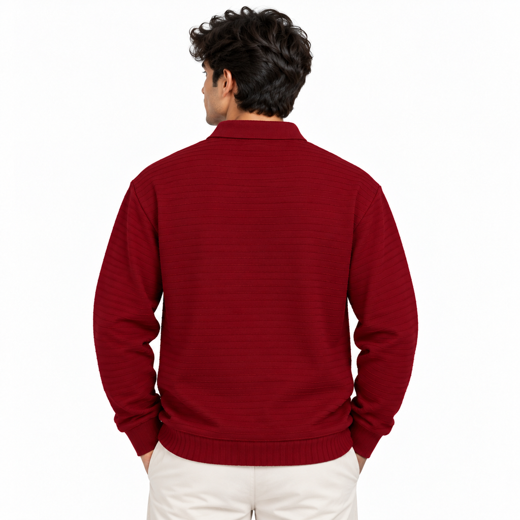 Burgundy Textured Knit Polo Full Sleeve Sweatshirt – Unisex