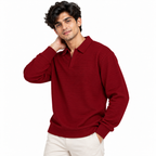 Burgundy long sleeve textured knit polo sweatshirt product front view