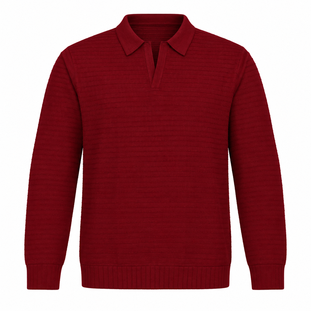 Close-up of burgundy knit polo collar and horizontal ribbed fabric texture