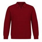 Close-up of burgundy knit polo collar and horizontal ribbed fabric texture