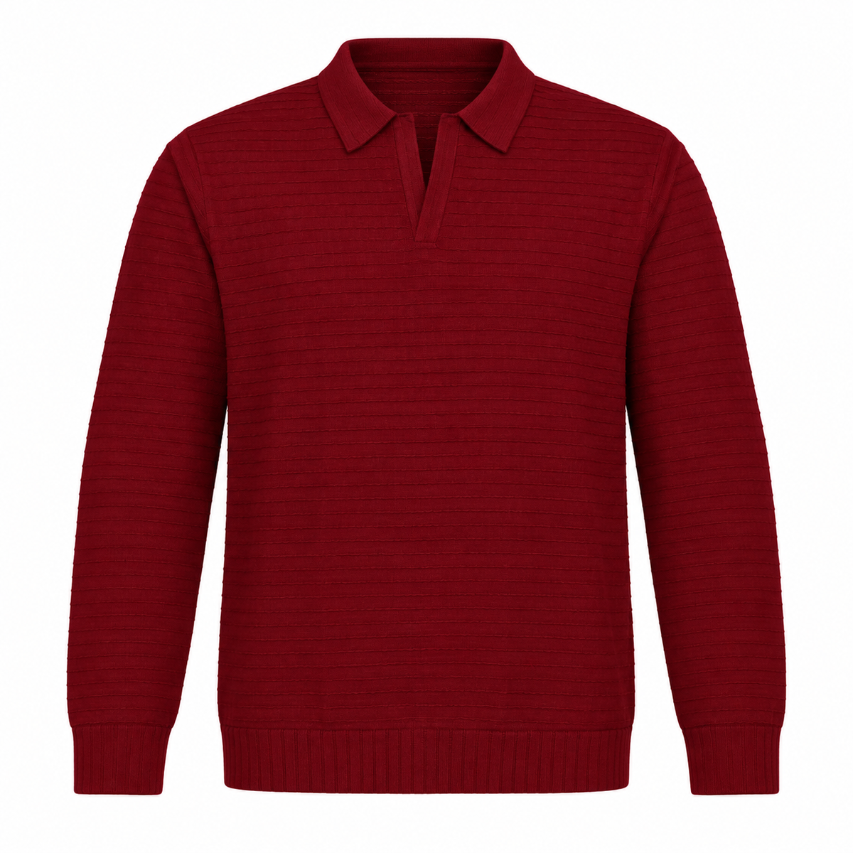 Close-up of burgundy knit polo collar and horizontal ribbed fabric texture