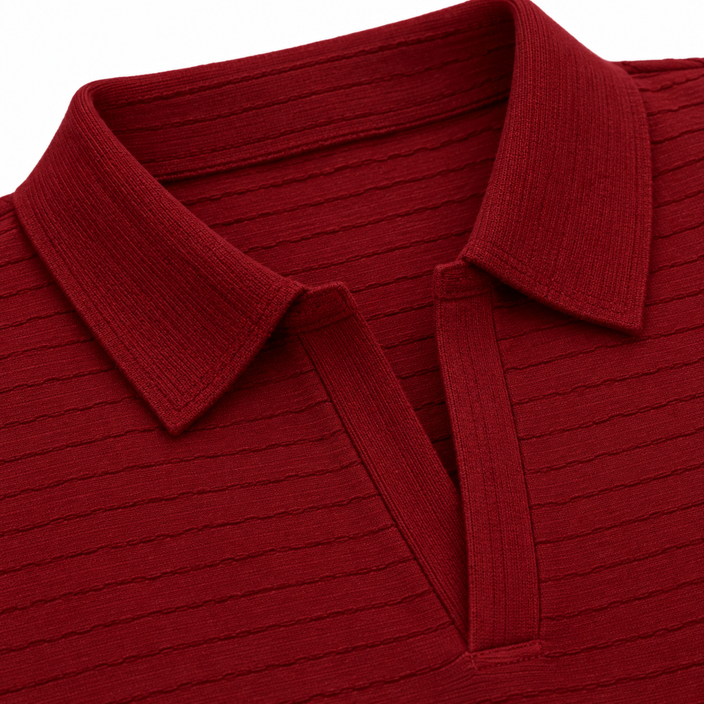 Male and female models styling matching burgundy knit polo sweatshirts