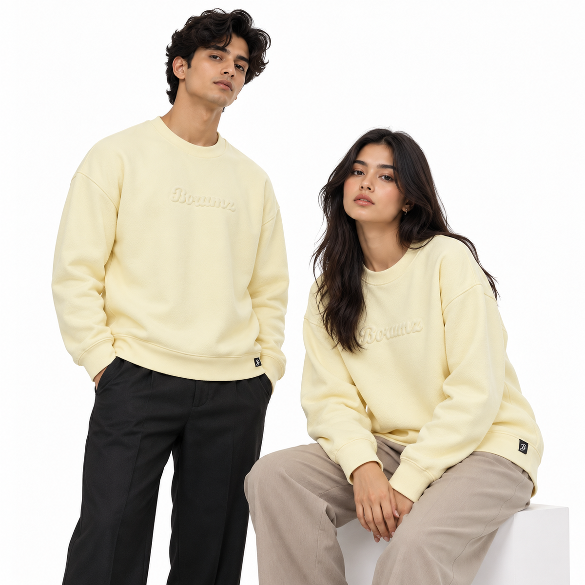 Butter Yellow Embossed Logo Oversized Crewneck Sweatshirt – Unisex