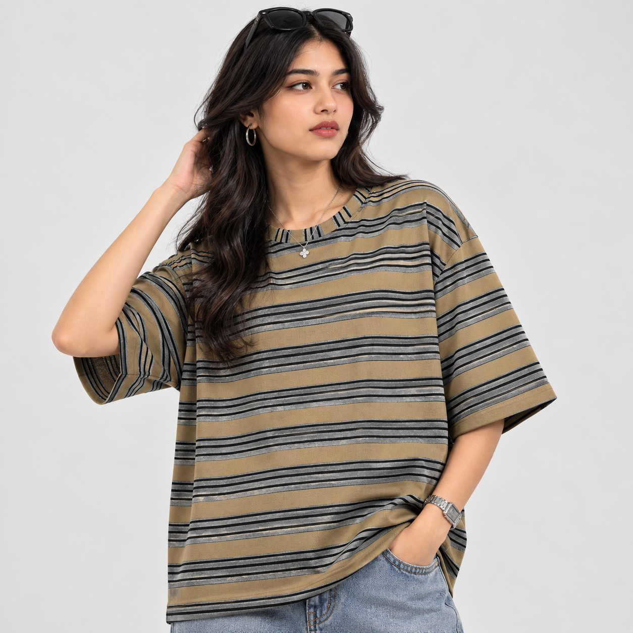 Camel Brown Striped Oversized T-Shirt