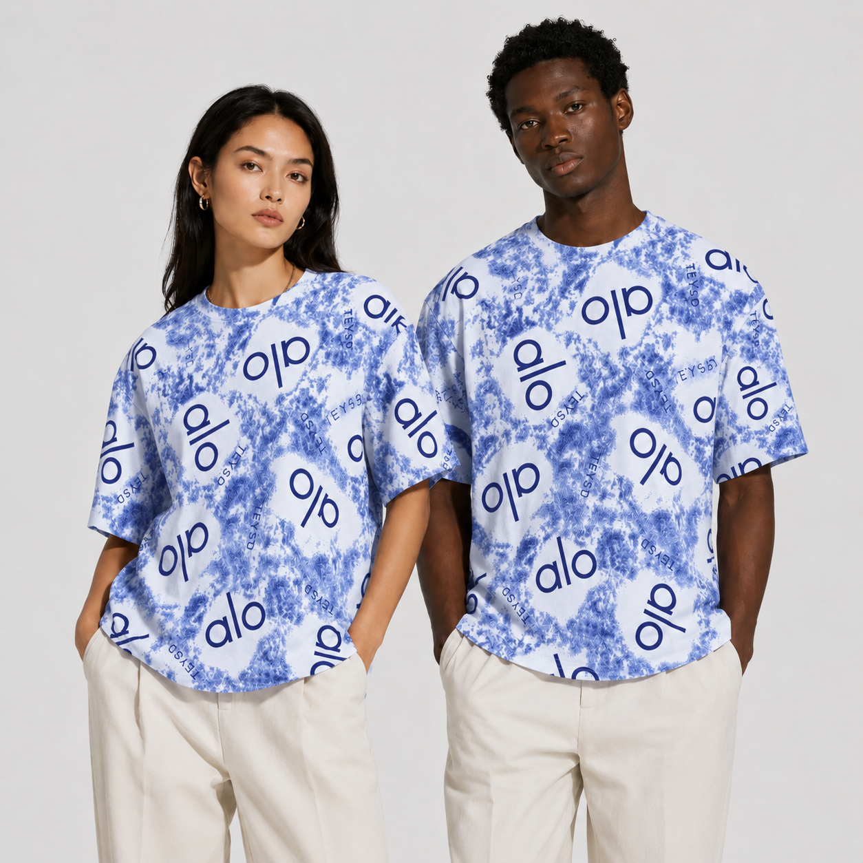 Abstract Logo Print Oversized T-Shirt – Blue & White
