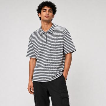 Black & Blue Striped Zip Polo Shirt | Knit Polo