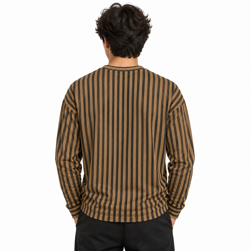 Chocolate Brown & Black Textured Striped Crewneck Sweatshirt – Unisex