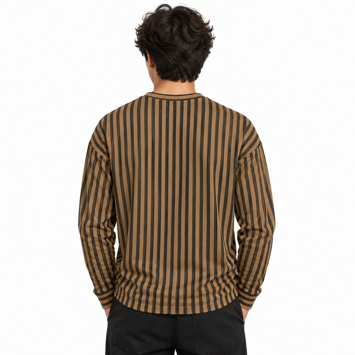 Chocolate Brown & Black Textured Striped Crewneck Sweatshirt – Unisex