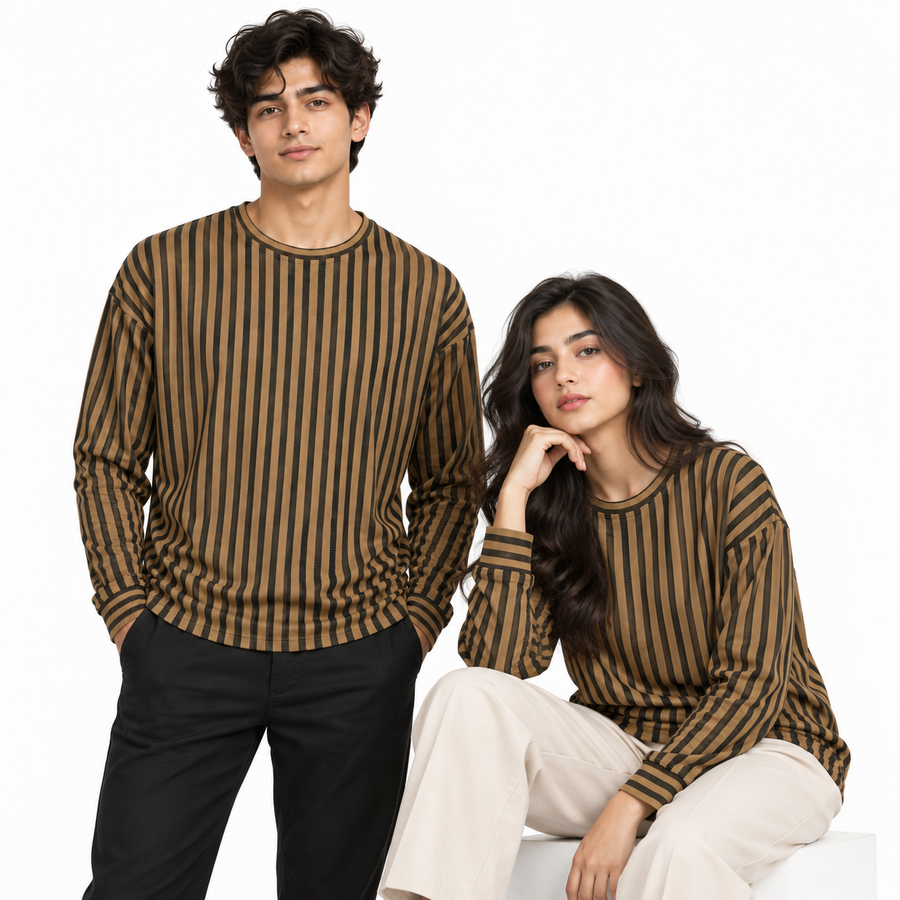 Chocolate Brown & Black Textured Striped Crewneck Sweatshirt – Unisex