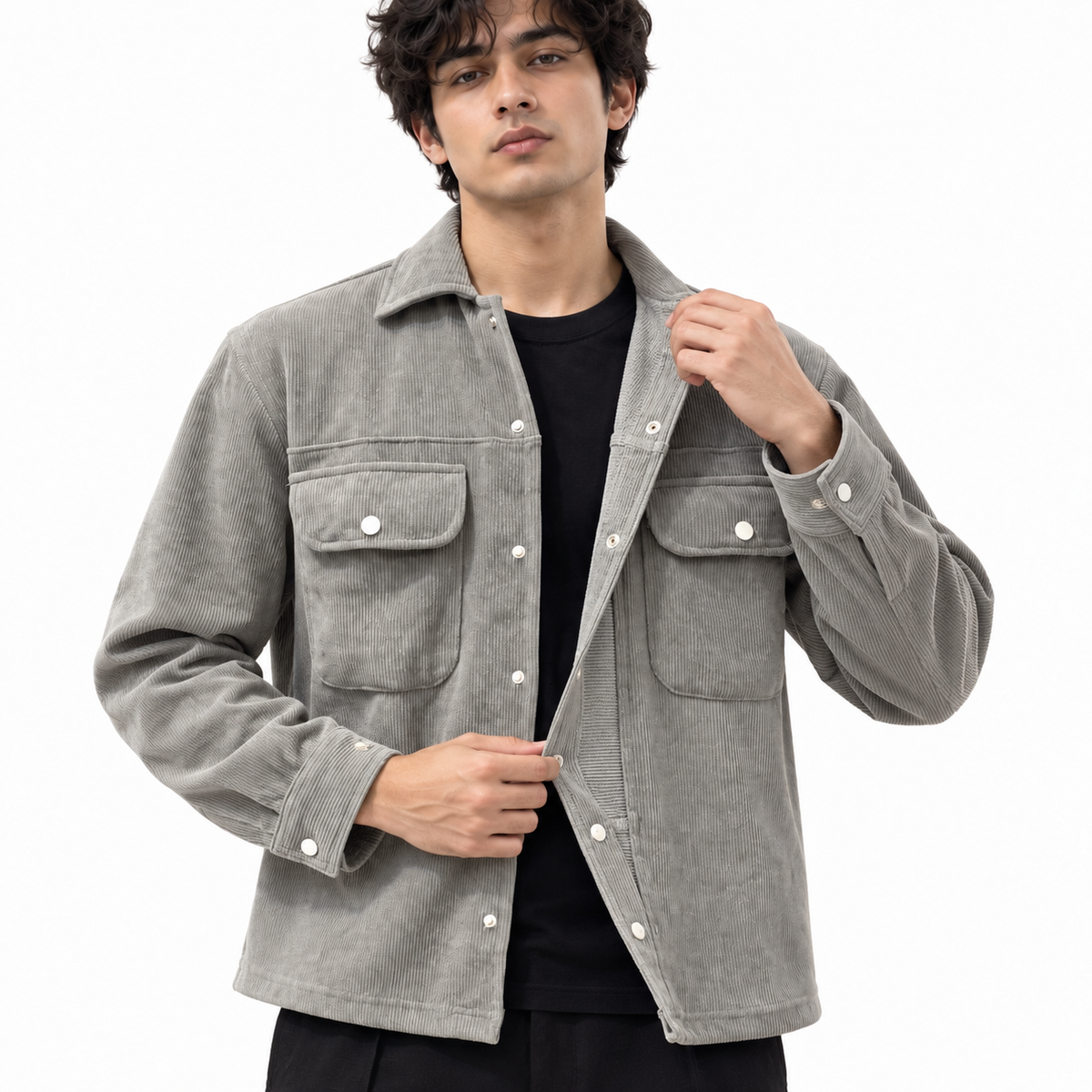 Corduroy Boxy Fit Double Pocket Shirt – Stone Grey