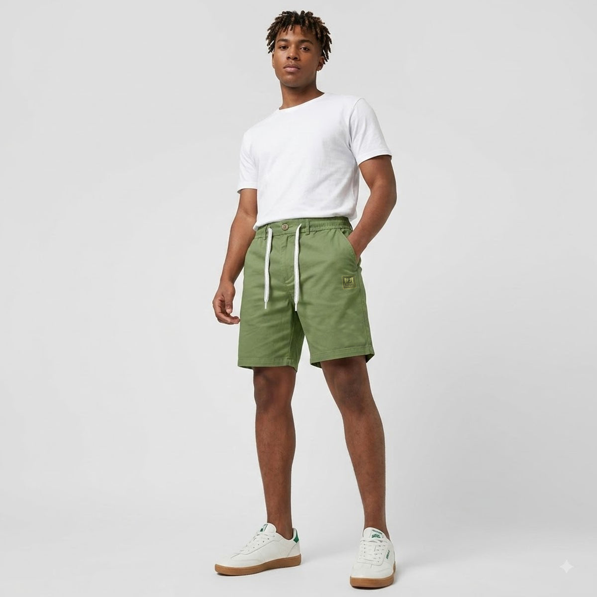 Cotton Twill Drawstring Shorts - Olive Green