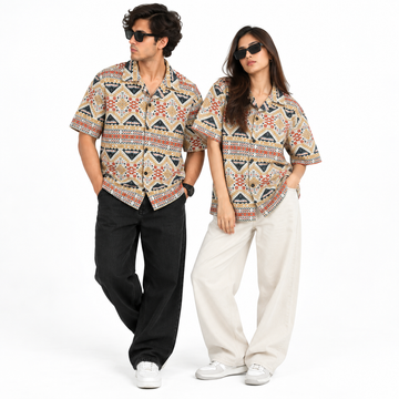 Crochet-Inspired Geometric Print Cuban Collar Shirt
