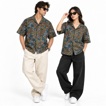 Crochet-Inspired Geometric Print Cuban Collar Shirt